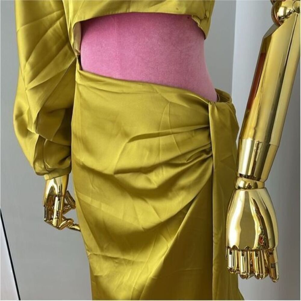Stunning Yellow One-Shoulder Evening Gown with Balloon Sleeve and Wrap Dress L - Picture 10 of 12